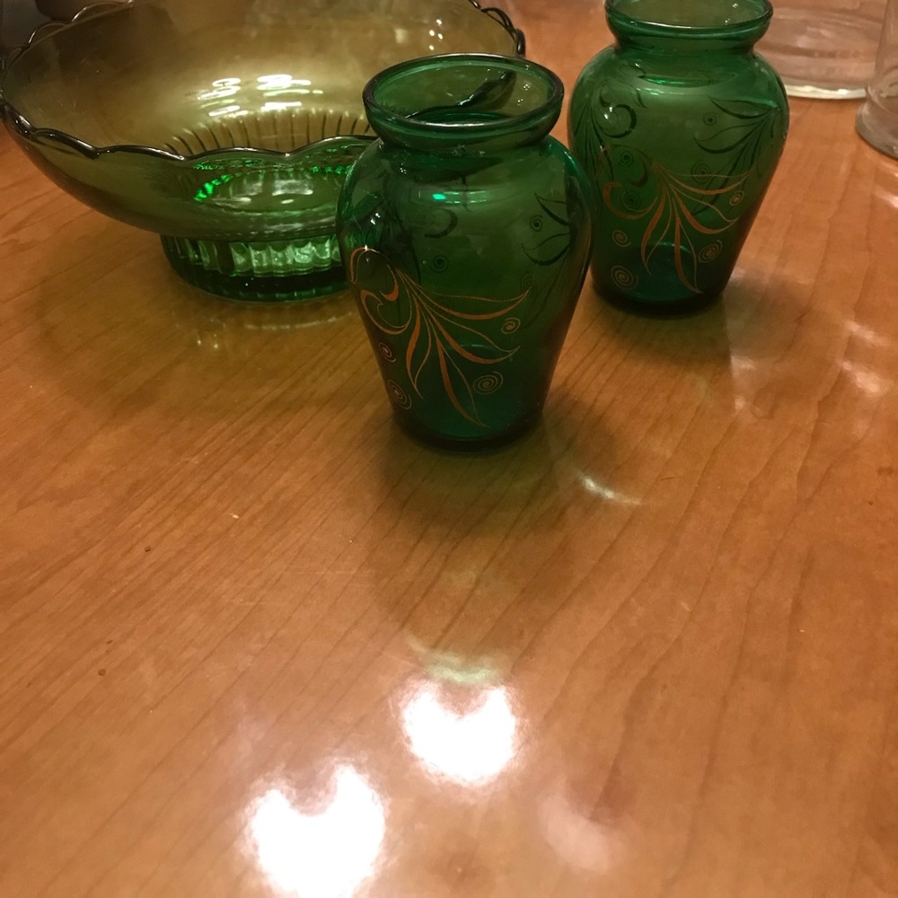 Vintage green glass vase set. Brody glass bowl. Unique pieces selling together.